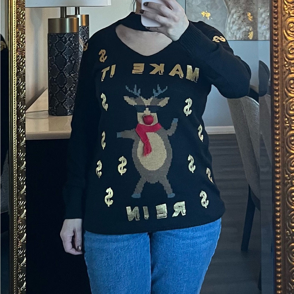 Black Reindeer Sweater with Gold Accents